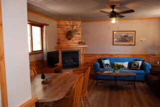 Comfortable living room with TV, fireplace, dining room table, & couch.